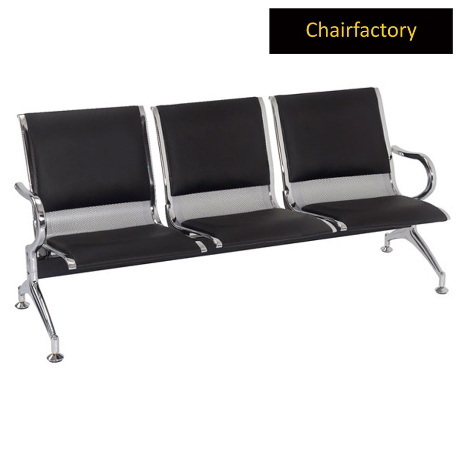 Glacier 3 Seater Silver Airport Waiting Area Bench With Black Cushion